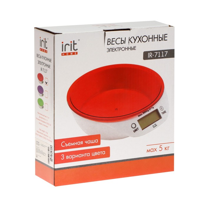 Весы кухонные Irit IR-7117, электронные, до 5 кг, красные - фото 1890073676