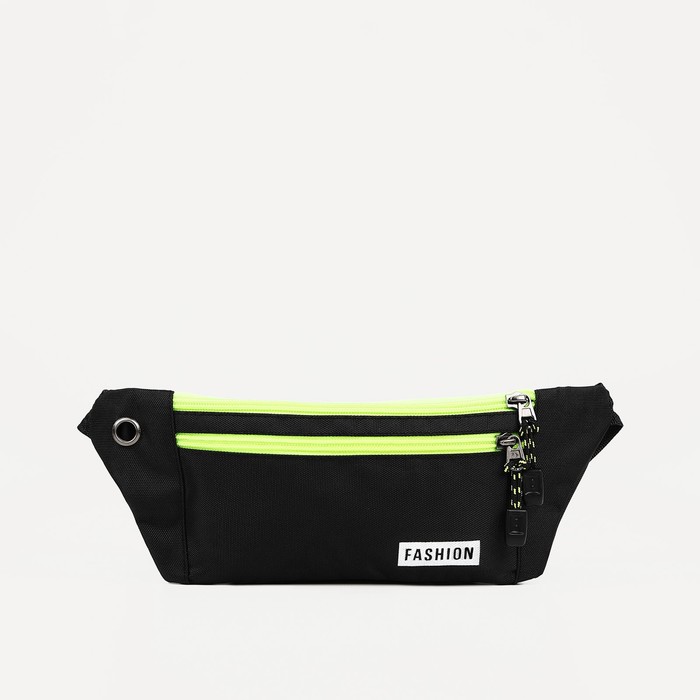 Поясная сумка на молнии, 2 наружных кармана, цвет чёрный/зелёный - Фото 1
