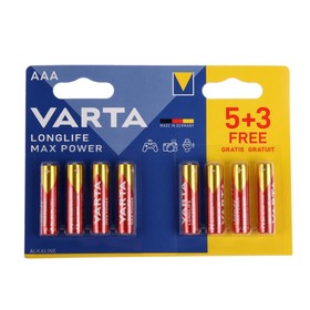 Батарейка алкалиновая Varta LongLife Max Power, AAA, LR03-8BL, 1.5В, блистер, 8 шт. 9596680