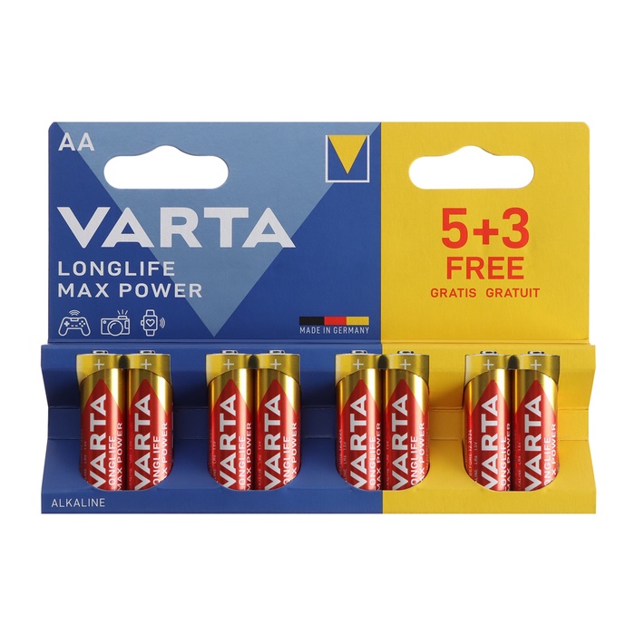 Батарейка алкалиновая Varta LongLife Max Power, AA, LR6-8BL, 1.5В, блистер, 8 шт. - фото 51708111