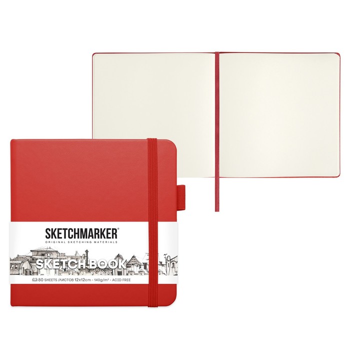 Скетчбук Sketchmarker, 120 х 120 мм, 80 листов, твёрдая обложка из искусственной кожи, красный, блок 140 г/м2 - Фото 1