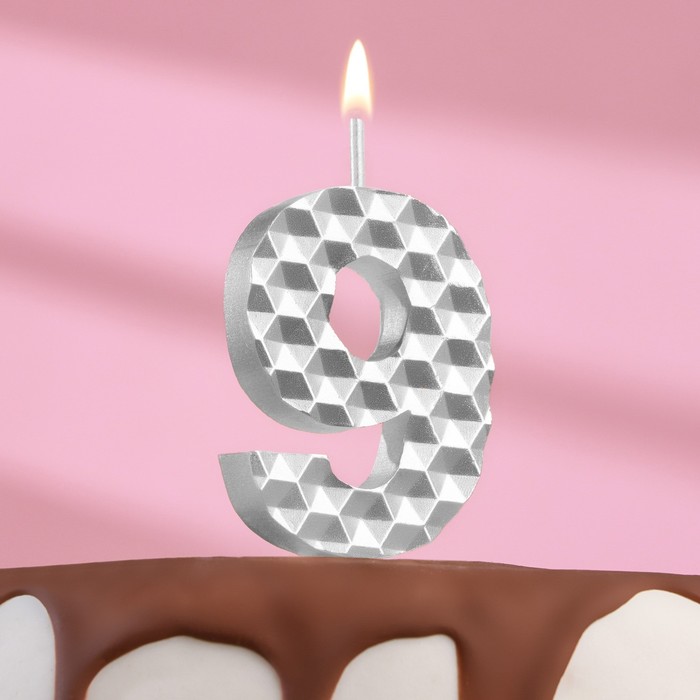 Свеча в торт на шпажке "Соты", цифра 9, 7 см, серебро - Фото 1