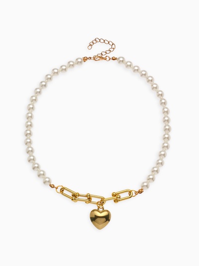 Колье с жемчугом «Сердце», белое в золоте, 37 см