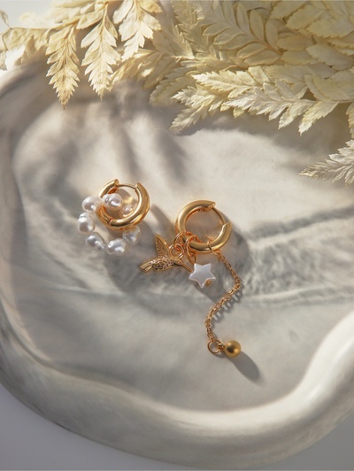 Серьги со съёмным элементом «Трансформер», птица, белые в золоте