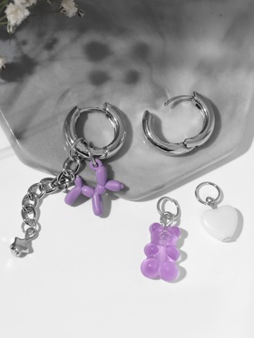 Серьги со съёмным элементом "Трансформер" мишка и собачка, цветные в серебре