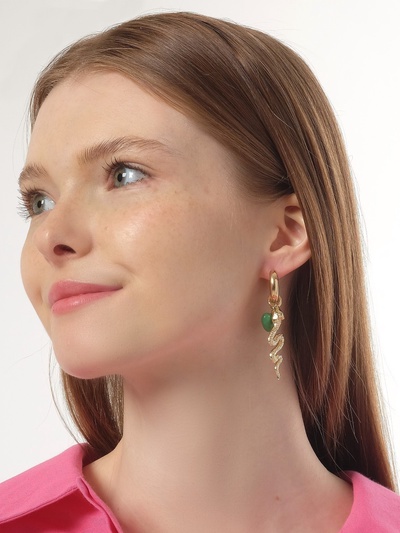 Серьги со съёмным элементом «Трансформер» змейка, цвет бело-зелёный в золоте