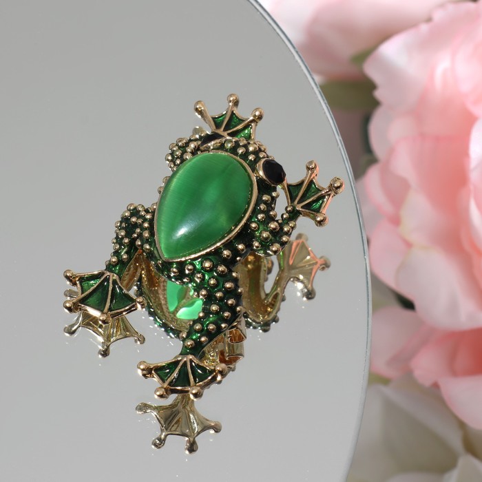 Брошь «Лягушка» кабошон, цвет зелёный в золоте - Фото 1