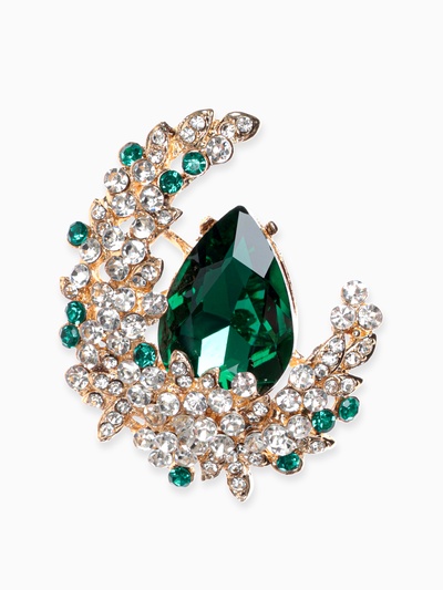 Брошь «Императрица» полумесяц, бело-зелёная в золоте