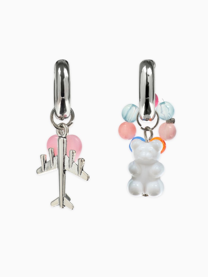 Серьги со съёмным элементом «Трансформер» мишка и сердце, цветные в серебре - Фото 1
