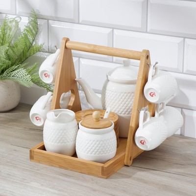 УЦЕНКА Сервиз чайный Доляна «Эстет», 15 предметов: чайник 850 мл, кружки 70 мл, сахарница с ложкой 300 мл, молочник 250 мл, блюдца d=10 см, на бамбуково�...