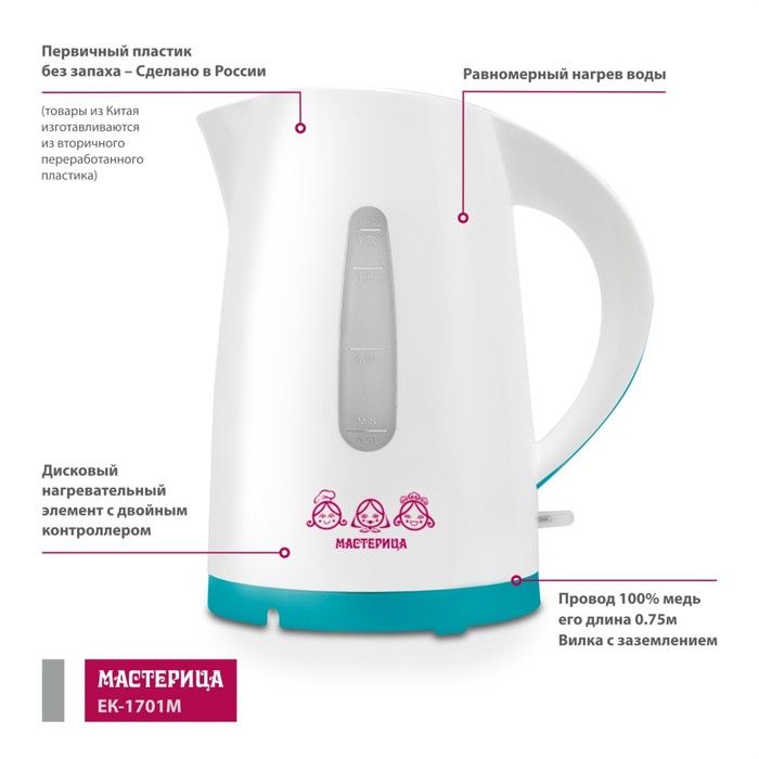 Чайник электрический «‎‎Мастерица ЕК-1701M», пластик, 1.7 л, 1850 Вт, цвет белый-бирюзовый - фото 51339291