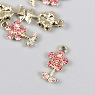 Декор для творчества металл, стразы «Цветочек розовый с листиками», золото 1.1×2 см