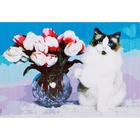 Роспись по холсту "Кошка с букетом" по номерам с красками по 3 мл + кисти + инструкция + крепеж - Фото 1