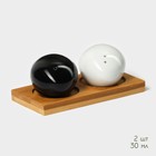 Набор керамический для специй на деревянной подставке BellaTenero «Камни», 2 предмета: солонка 30 мл, перечница 30 мл, цвет белый и чёрный - фото 6902863