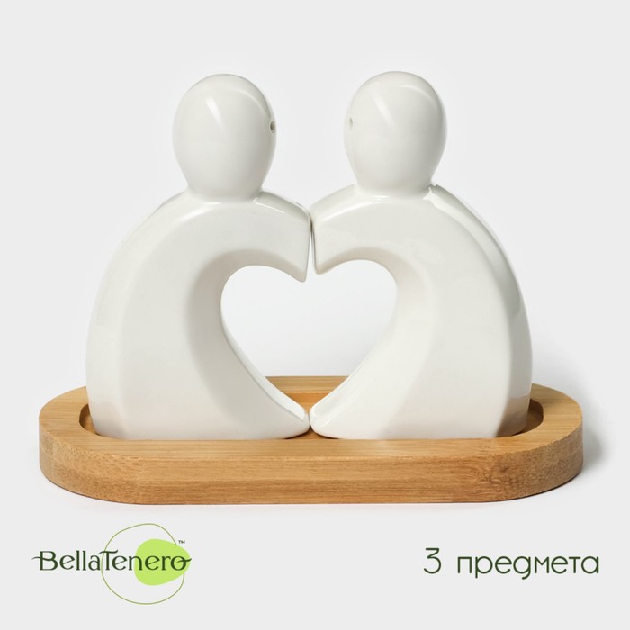 Набор для специй BellaTenero «Влюбленность», 2 предмета: солонка 40 мл, перечница 40 мл, на бамбуковой подставке, фарфор, белый - Фото 1