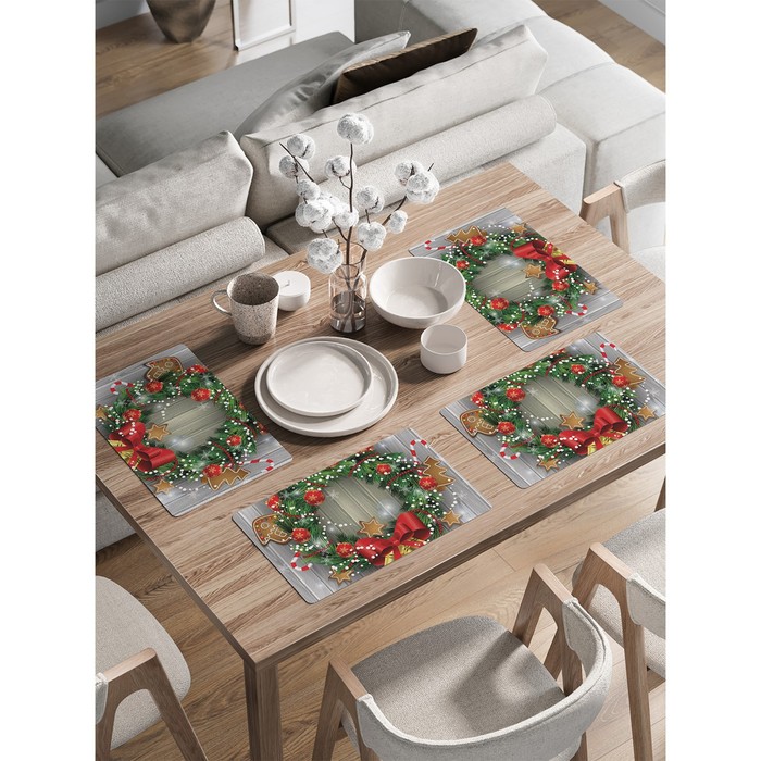 Комплект салфеток для сервировки стола «Новогодние колокольчики», прямоугольные, закруглённые края, размер 30х46 см, 4 шт - Фото 1