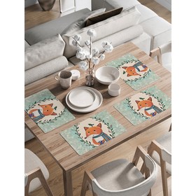 Комплект салфеток для сервировки стола «Лис и птичка», прямоугольные, закруглённые края, размер 30х46 см, 4 шт