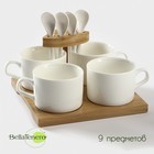Набор кружек керамический на подставке из бамбука BellaTenero, 9 предметов: 4 кружки 150 мл, 4 ложки, подставка, белый - Фото 1