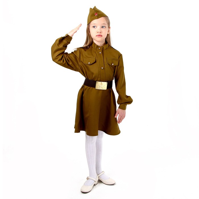 Карнавальный костюм военного: платье,дл. рук,пилотка,ремень,габардин,п/э,р-р30р.110-116 - Фото 1