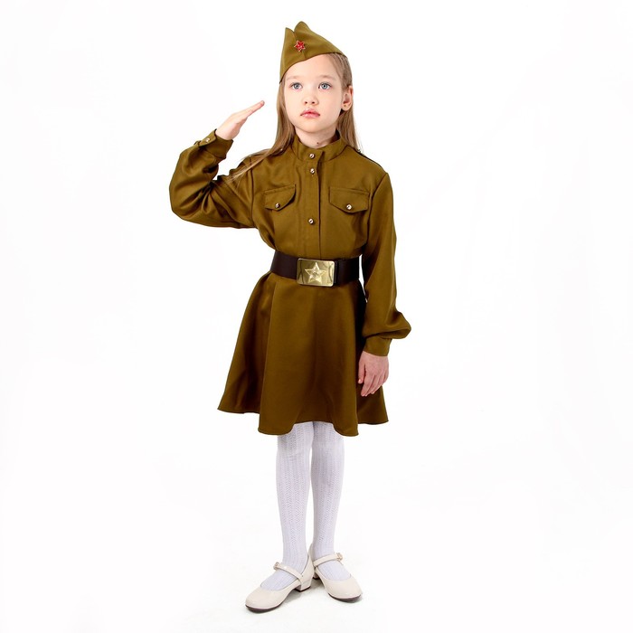 Карнавальный костюм военного: платье,дл. рук,пилотка,ремень,габардин,п/э,р-р30р.110-116 - фото 1885648281