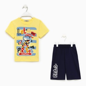 Комплект для мальчика (футболка/шорты), цвет светло-жёлтый/тёмно-синий, рост 92 см