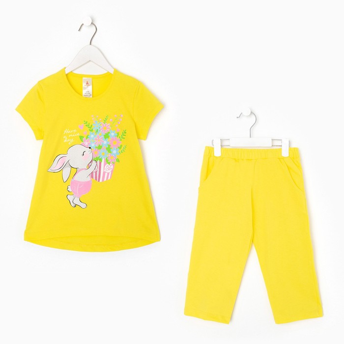 Костюм для девочки (футболка, бриджи), цвет лимонный, рост 128 см