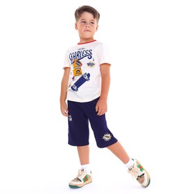 Комплект (футболка/шорты) для мальчика, цвет светло-бежевый/синий, рост 110