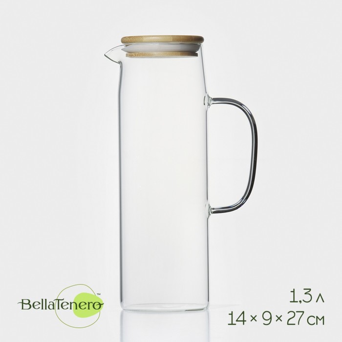 Кувшин BellaTenero «Эко», 1.3 л, 14×9×27 см, с бамбуковой крышкой, стекло, прозрачный - Фото 1