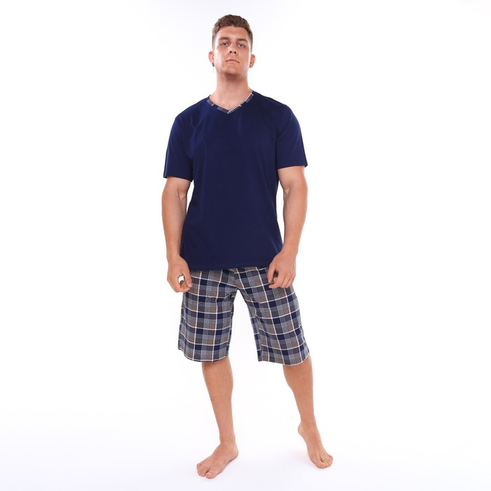 Комплект (футболка/шорты) мужской, цвет синий/клетка, размер 60