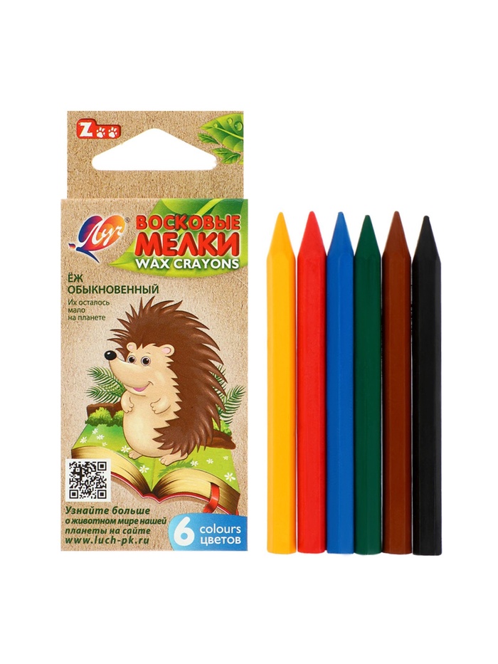 Мелки восковые 6 цветов ZOO, шестигранные - Фото 1