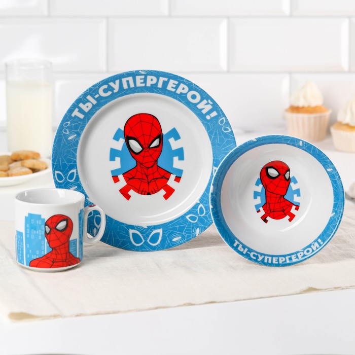Набор посуды «Ты - супергерой», 3 предмета: тарелка Ø 16,5 см, миска Ø 14 см, кружка 250 мл, Человек-паук - Фото 1