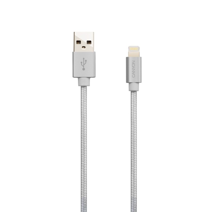 Кабель Canyon MFI-3, Lighting - USB, 2.4А, чип MFI, сертифицирован Apple,1м, плоский т/серый - фото 51483867