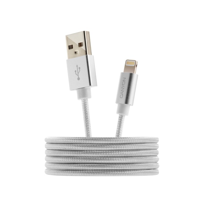 Кабель Canyon MFI-3, Lighting - USB, 2.4А, чип MFI, сертифицирован Apple,1м, плоский т/серый - фото 51483868