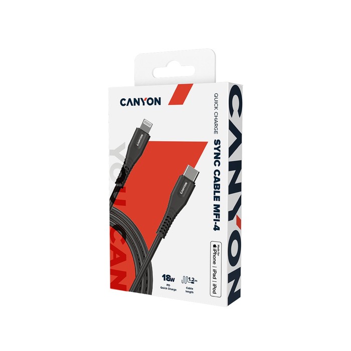 Кабель Canyon MFI-4, Lighting - USB-C, 18 Вт, быстрая зарядка, чип MFI, 1.2 м, черный - фото 51463214 Кабель Canyon MFI-4, Lighting - USB-C, 18 Вт, быстрая зарядка, чип MFI, 1.2 м, черный - фото 51463214