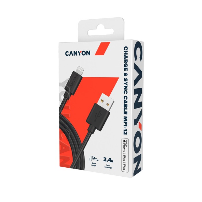 Кабель Canyon MFI-12, Lighting - USB, 2.4 А, чип MFI, сертифицирован Apple, 2 м, черный - фото 51463218