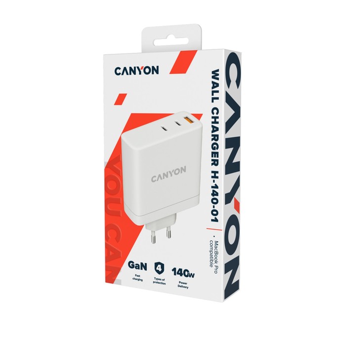 Сетевое зарядное устройство Canyon H-140-01, USB/ USB-C, 140Вт, 5А, GAN, быстрая зарядка - фото 51463236