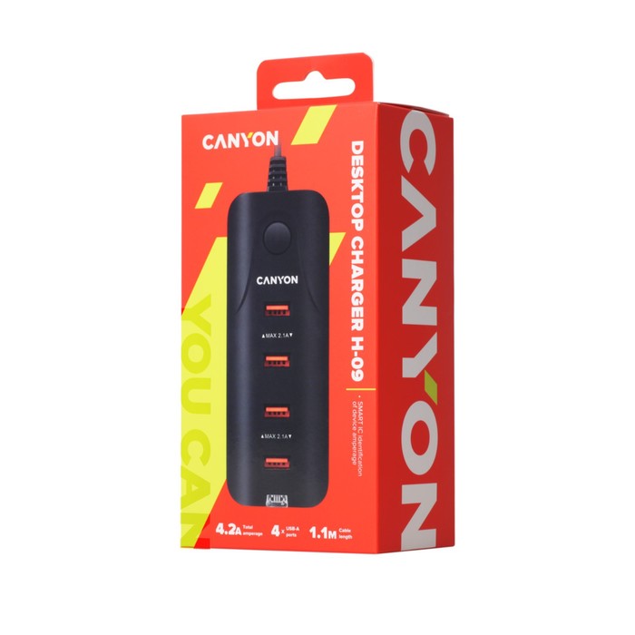 Сетевой адаптер Canyon H-09, 4 USB, 4.2 А, 21 Вт, 5 В, защита от замыкания, черное - фото 51463239