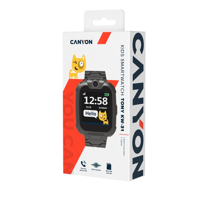 Детские смарт-часы Canyon KW-31, сенсорные, 2G, MP3 плеер, камера, игры, звонки, черные - фото 51463316