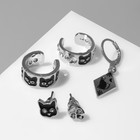 Серьги «Каффы» кот и череп, 5 шт., цвет чёрный в серебре - Фото 2