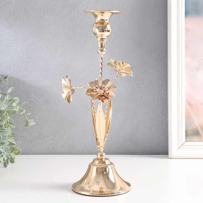 Подсвечник металл на 1 свечу "Три цветка" d-2,5 см золото 10х10х28 см - Фото 1