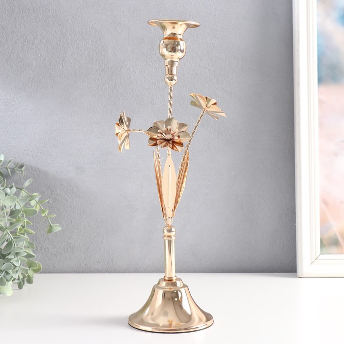 Подсвечник металл на 1 свечу "Три цветка" d-2,5 см золото 10х10х33 см - Фото 1