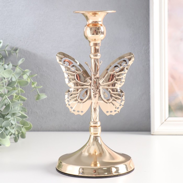 Подсвечник металл на 1 свечу "Ажурная бабочка" d-2,5 см золото 11х11х20,5 см