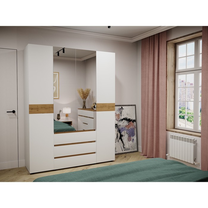 Шкаф четырехстворчатый «Мечта», с зеркалом, 1600×510×2108 мм, белый/крафт золотой - Фото 1