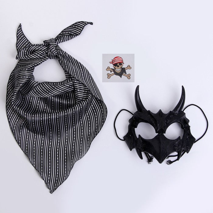 Карнавальный набор: бандана в полоску, маска с рогами чёрная, термонаклейка - Фото 1