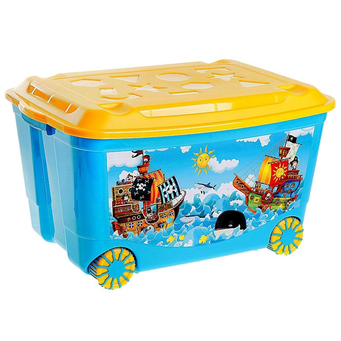 Ящик для игрушек на колёсах с аппликацией, цвет голубой - Фото 1