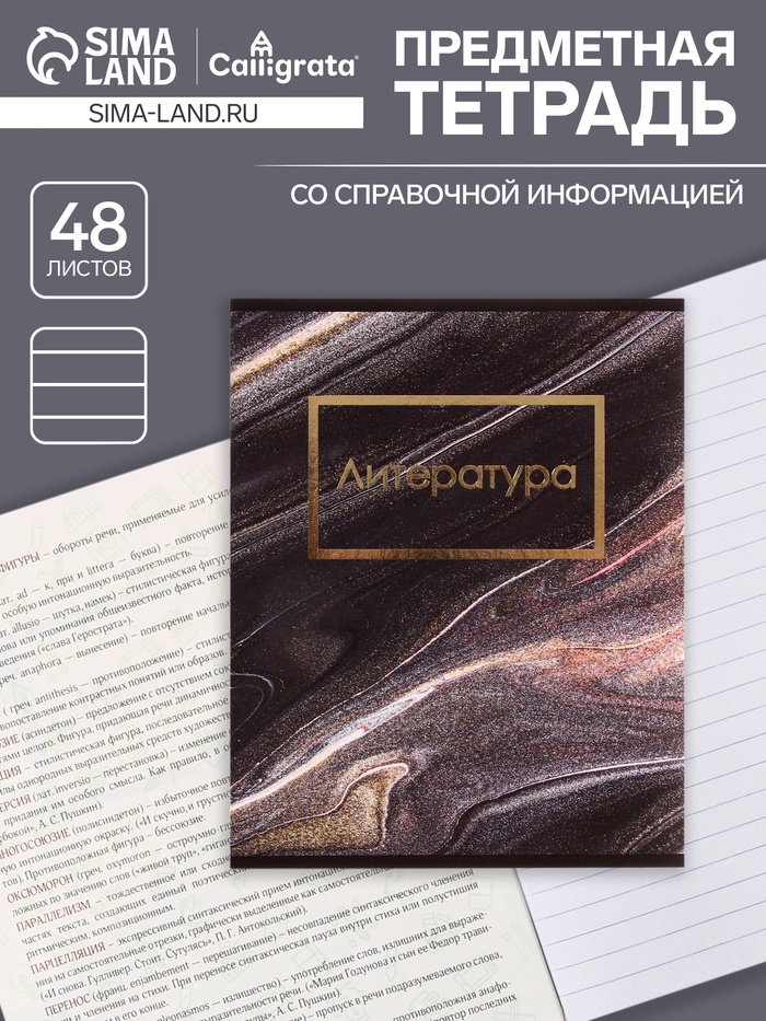 Тетрадь предметная, 48 листов в линейку, Calligrata, «Мрамор тёмный. Литература» - Фото 1