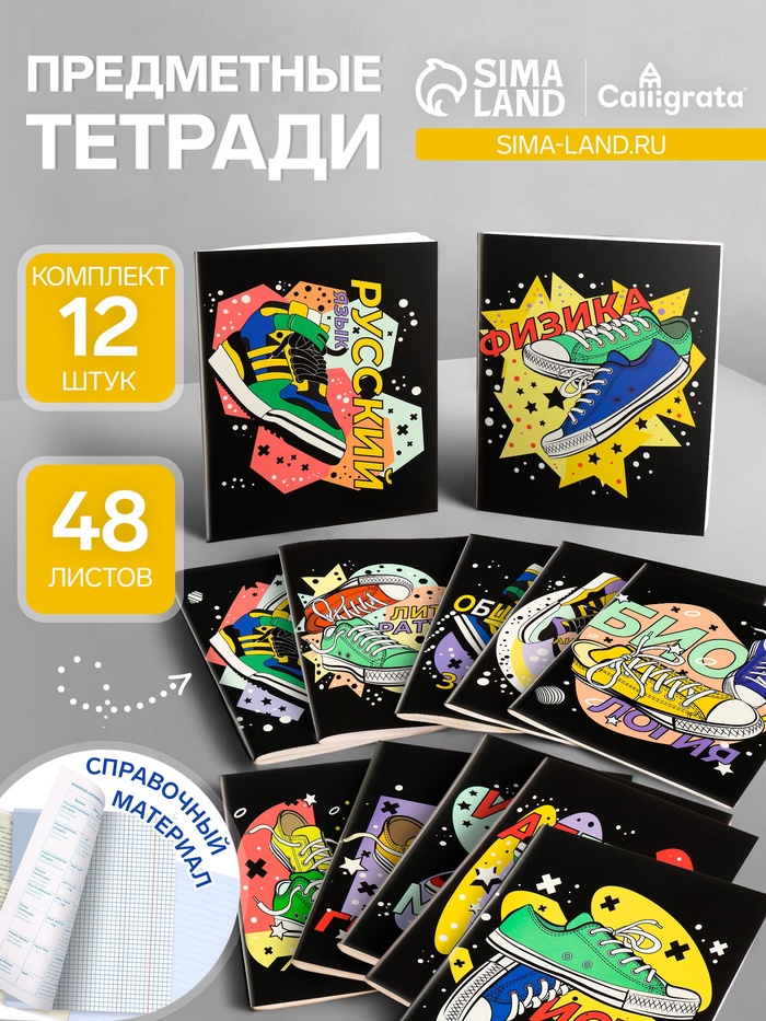 Набор предметных тетрадей Calligrata TOP «Кеды», 12 предметов, 48 листов, со справочным материалом, картонная обложка