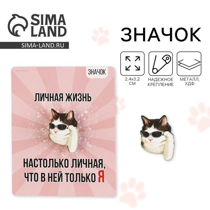 Значок деревянный «Кот в очках», 2.4×3.2 см - Фото 1