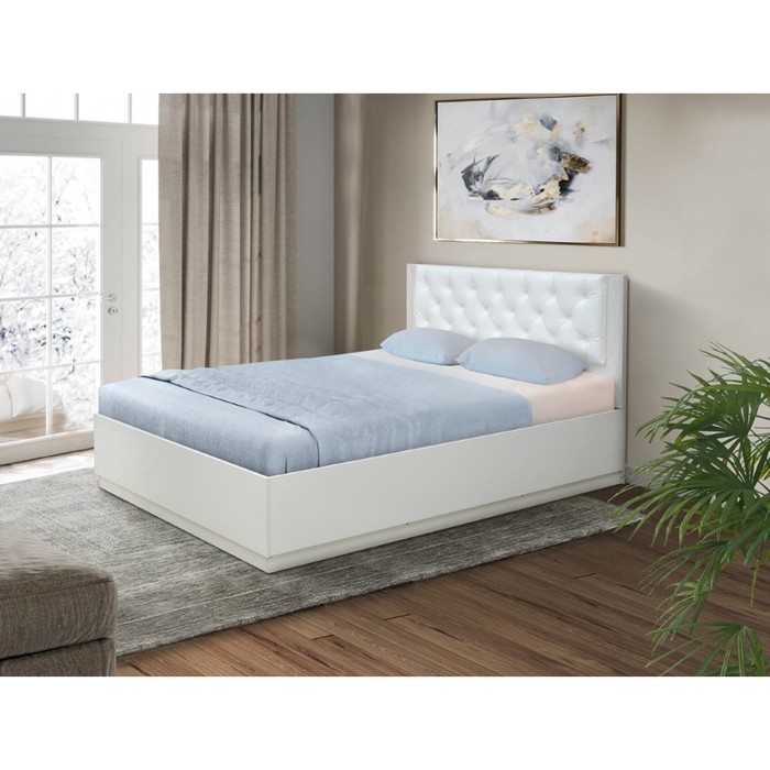 Кровать «Венеция 12.3», 1600×2000 мм, ЛДСП белый, МДФ ясень кремовый матовый, кожзам белый