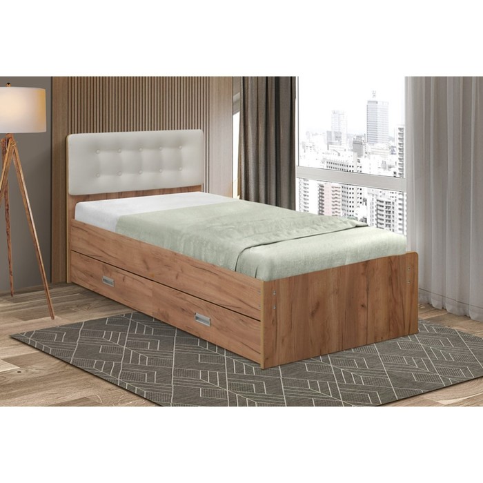 Кровать №6 с ящиками и мягкой головной спинкой, 900×2000 мм, велюр 002, цвет дуб крафт